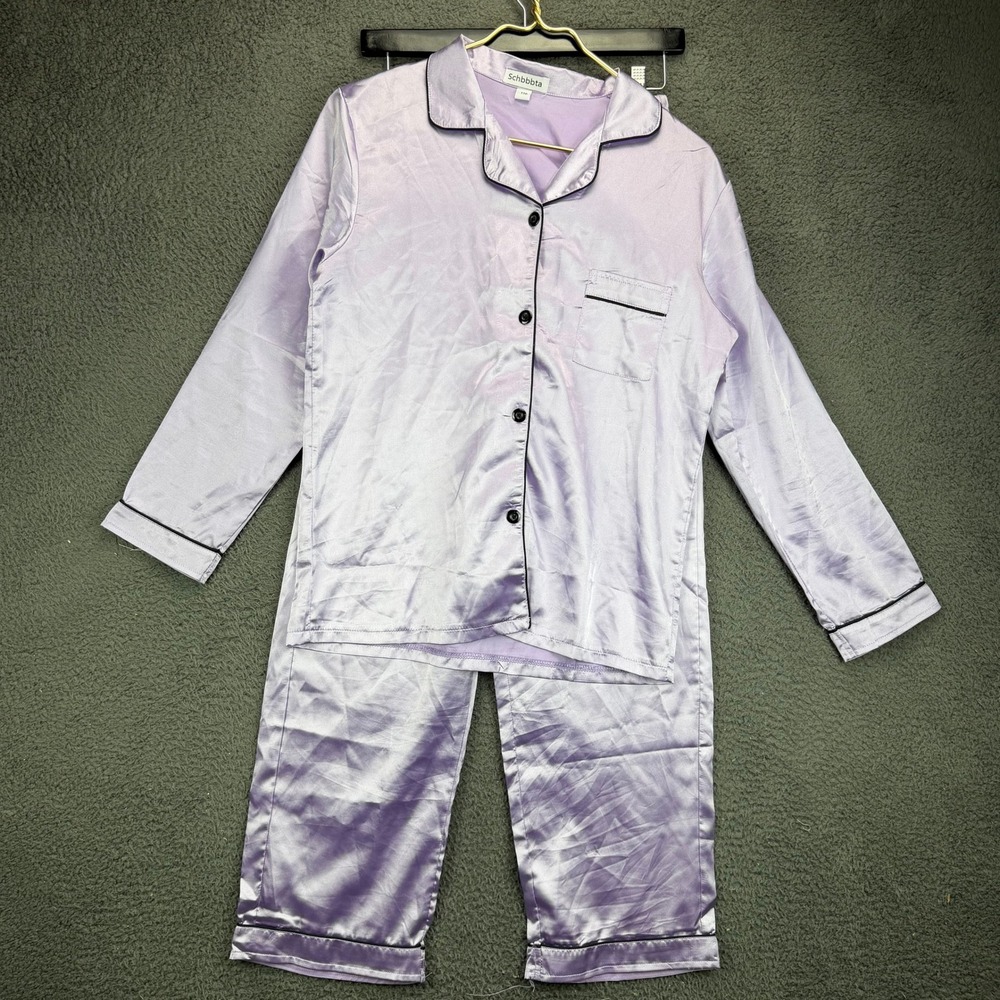 Schbbbta Lavender Satin Pajama Set Long Sleeve Button Down Pants Purple Size 170